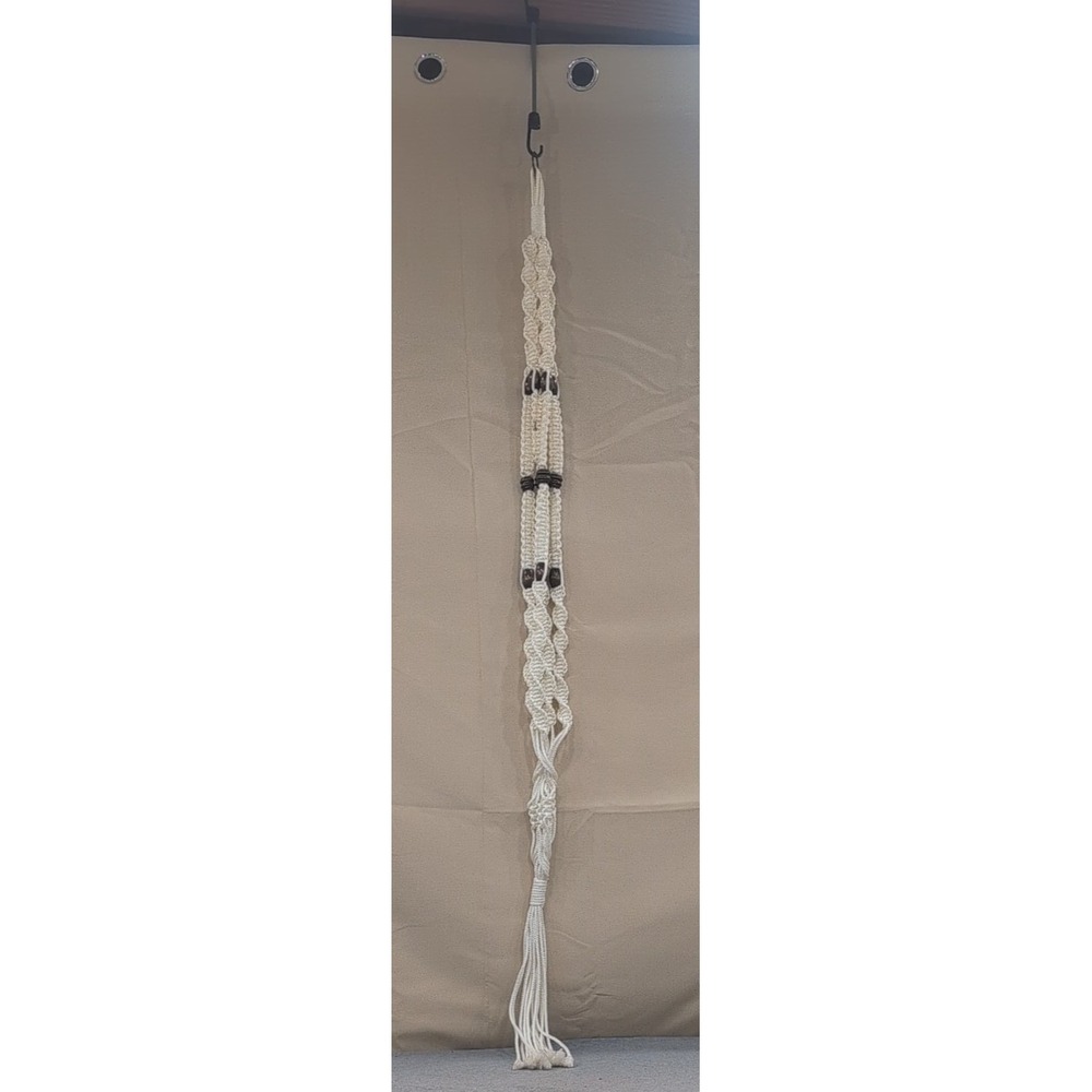 Vintage Macrame Large Plant Hanger Off White Braided Cord Wood Beads Boho 66" - Picture 1 of 5